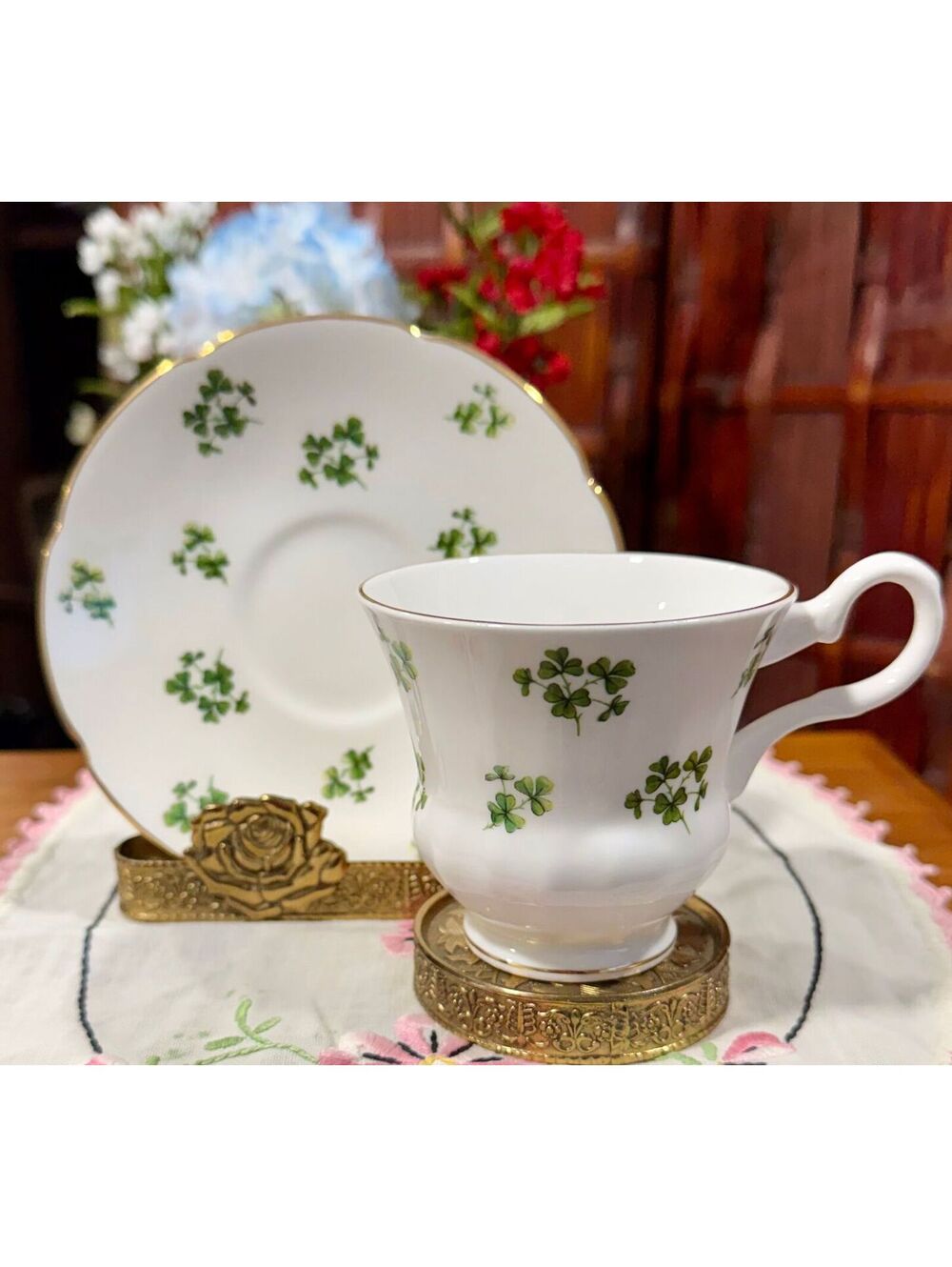 Royal Grafton Shamrock Clover China Teacup Saucer Set England MCM c. 1957-1960